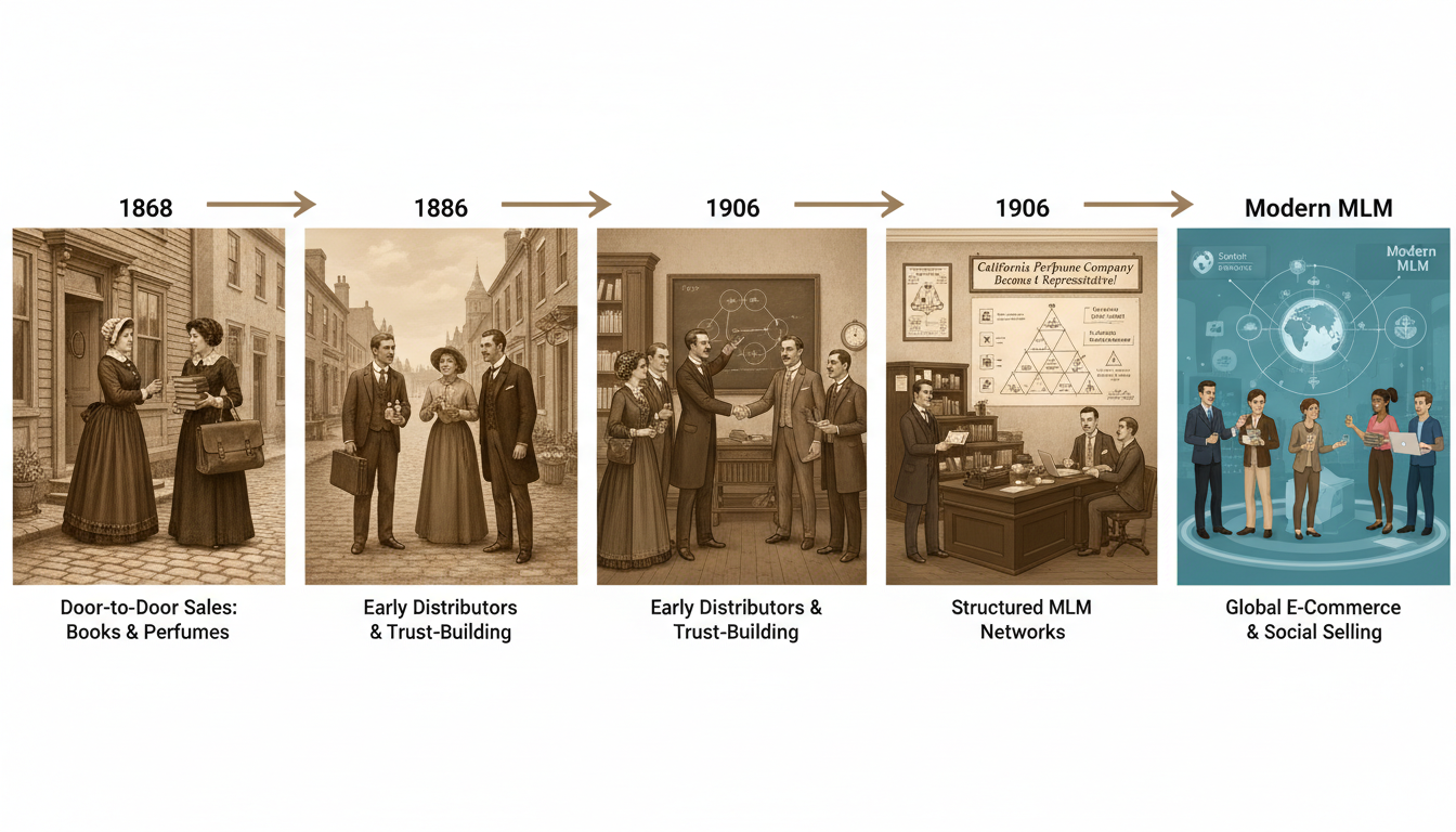 a historical scene depicting the evolution of network marketing from door-to-door sales in the 19th century to the modern MLM model, showcasing vintage book and perfume sales, early distributors building trust with customers, and the establishment of structured multi-level marketing networks, set in a timeline style with key dates like 1868, 1886, and 1906, visually illustrating the transition and growth of direct sales into MLM with authentic period costumes and settings